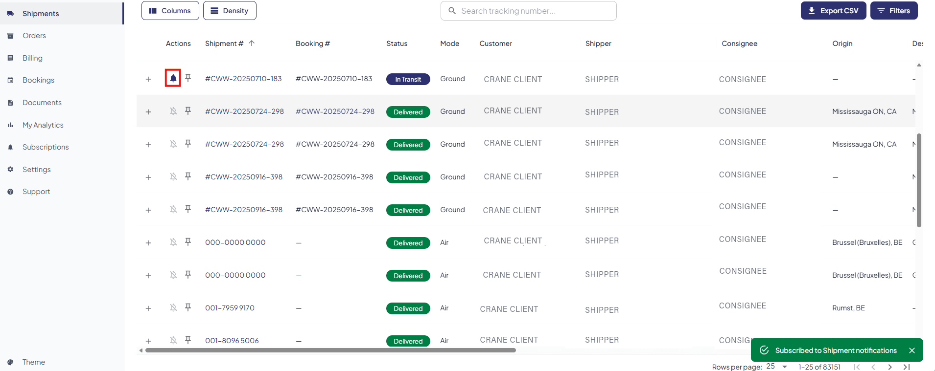 C-View Sendungsliste mit gespeicherten Ansichten, Sendungsstatus, Transportart, Kunde, Herkunfts- und Zielortdetails